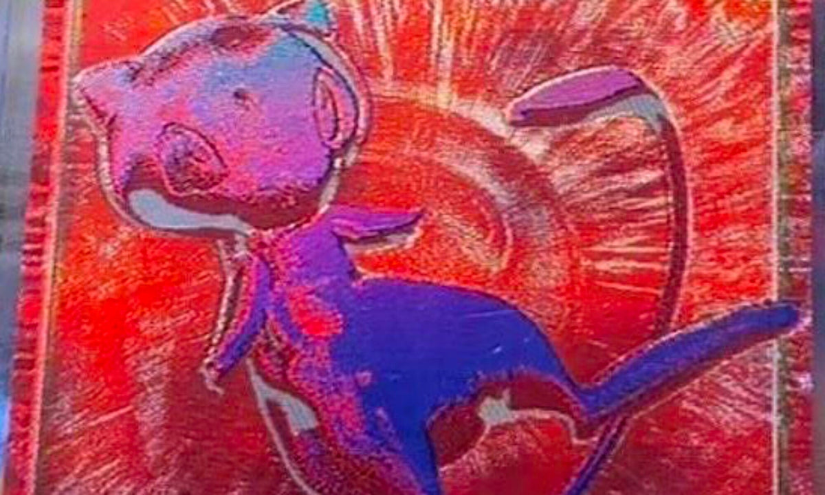Official card art for the red Mew RGB secret rare from the Pokemon TCG 30th Celebration set, illustrated by YOSHIROTTEN