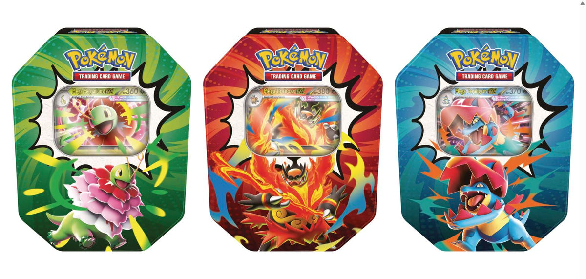 The three Pokemon TCG Mega Evolution Ascended Heroes Tins featuring Mega Meganium ex, Mega Emboar ex and Mega Feraligatr ex, releasing August 28, 2026