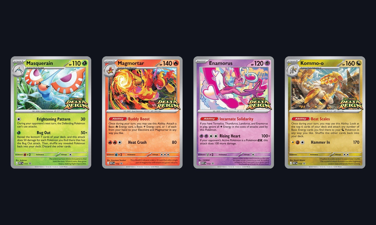 The four Delta Reign prerelease promo cards: Masquerain, Magmortar, Enamorus and Kommo-o