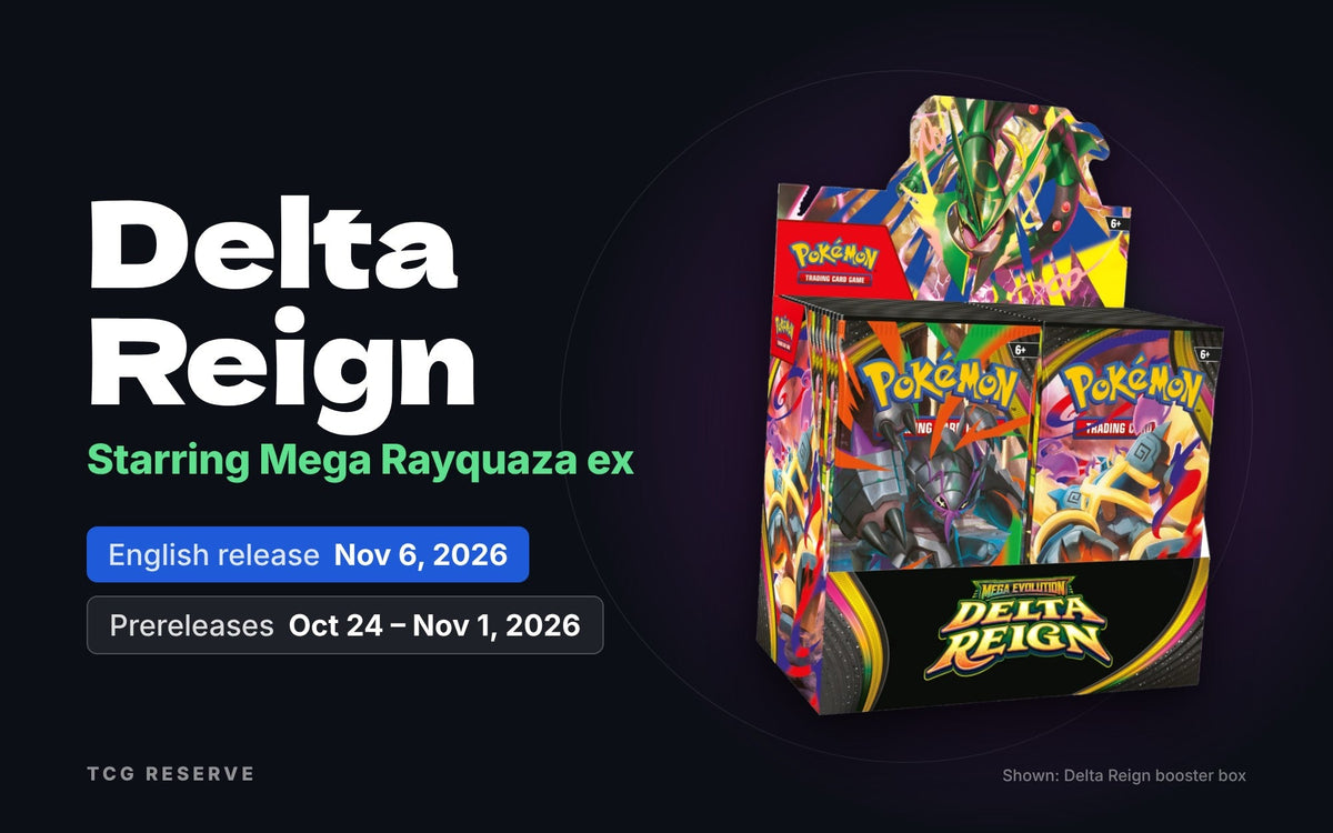 Pokémon TCG Delta Reign booster box with Mega Rayquaza ex, English release November 6, 2026, prereleases October 24 to November 1, 2026