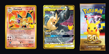Officially revealed Pokémon 30th Celebration Classic Collection cards — Base Set Charizard and Pikachu & Zekrom-GX — with the 30th Celebration booster wrap