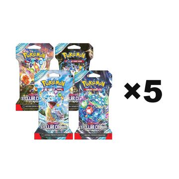 Pokémon Stellar Crown (SV07) 5-pack bundle shown as four sleeved booster packs with a ×5 label