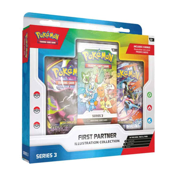 Pokémon First Partner Illustration Collection Series 3 box with booster packs visible through the front