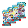 Four Pokémon Journey Together (SV09) sleeved booster packs, fanned out, each with different pack art