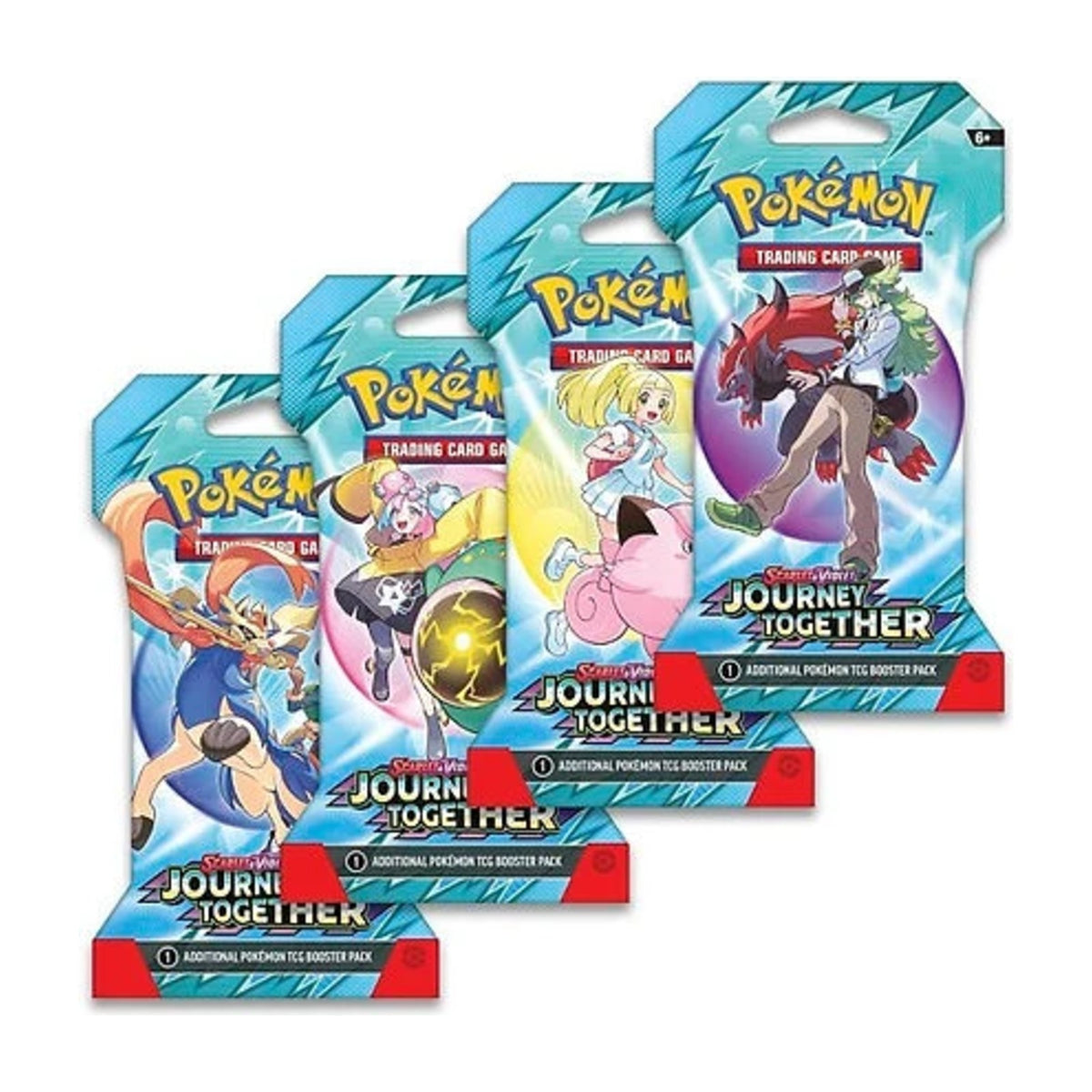 Four Pokémon Journey Together (SV09) sleeved booster packs, fanned out, each with different pack art